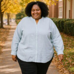 LL Bean Linen Tunic Top 3X Pleated Button Long Sleeves Resort Cruise 100% Linen